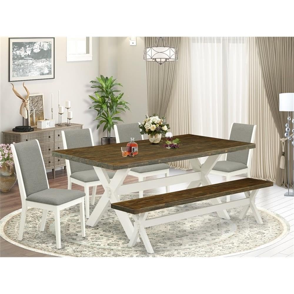 East West Furniture X077La206-6 6 Piece Modern Dining Table Set Contains A Rectangle Wooden Table And 4 Shitake Linen Fabric Upholstered Chairs With A Bench, 40X72 Inch, Multi-Color
